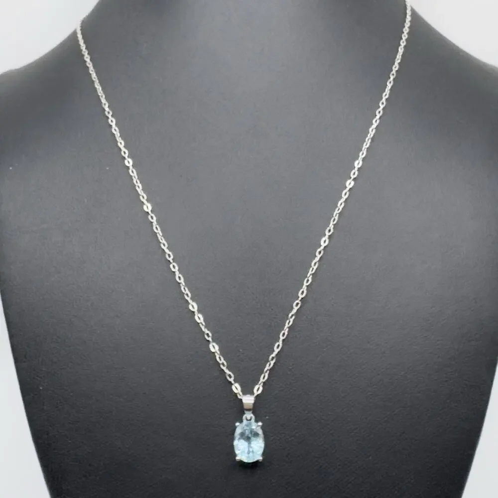 Sterling Silver Blue Topaz Pendant Necklace Feminine Dainty Plated Brass Chain - Picture 2 of 9